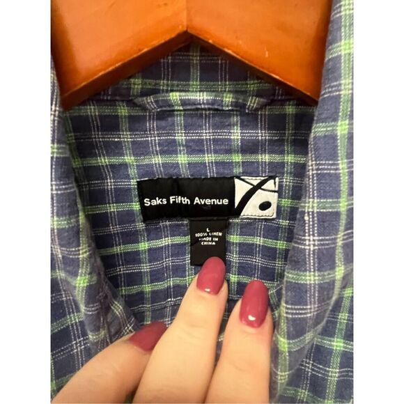 Saks Fifth Avenue Blue & Green Plaid 100% Linen Button Down Shirt sz L EUC - Picture 5 of 6